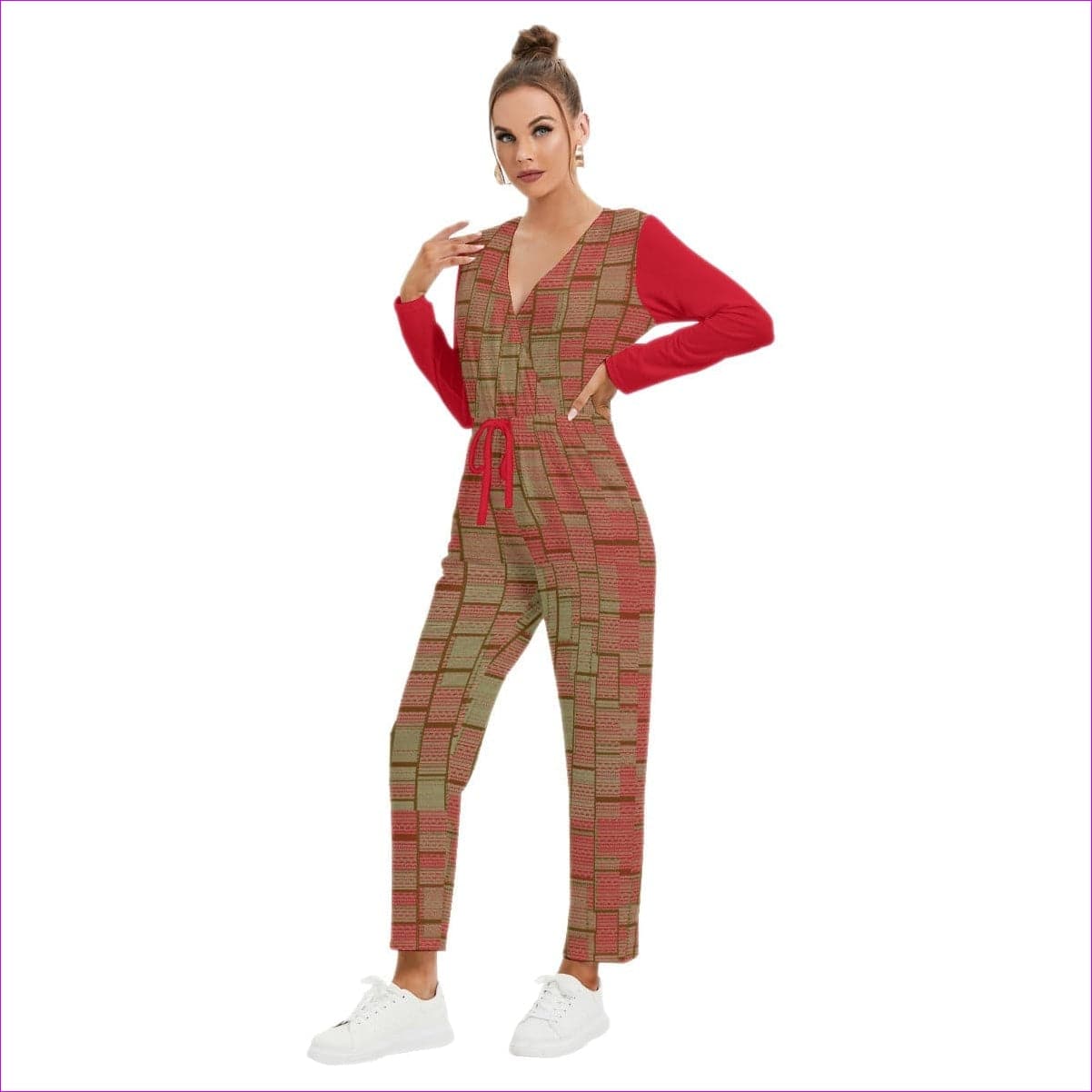 - Chained 2 Womens V-neck Red Sleeve High Waist Jumpsuit - womens jumpsuit at TFC&H Co.