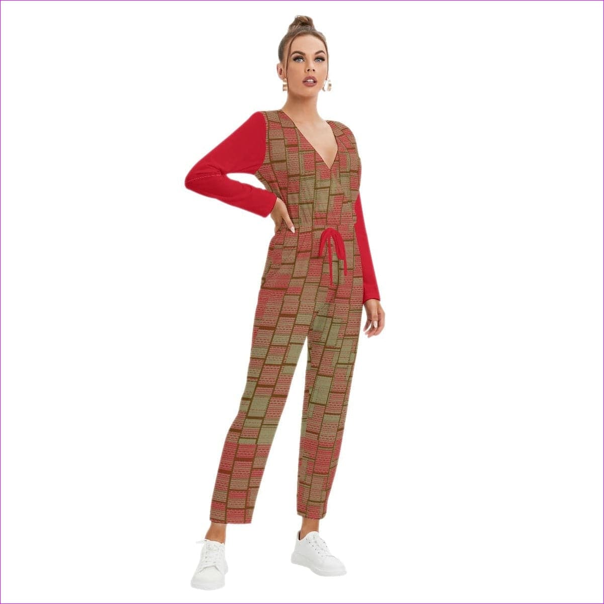 Red Chained 2 Womens V-neck Red Sleeve High Waist Jumpsuit - women's jumpsuit at TFC&H Co.