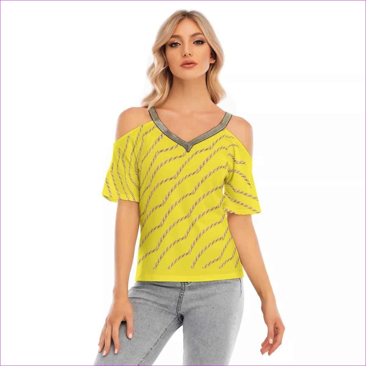 yellow - Chained Womens Cold Shoulder Sparkle Neck Band Top - womens top at TFC&H Co.