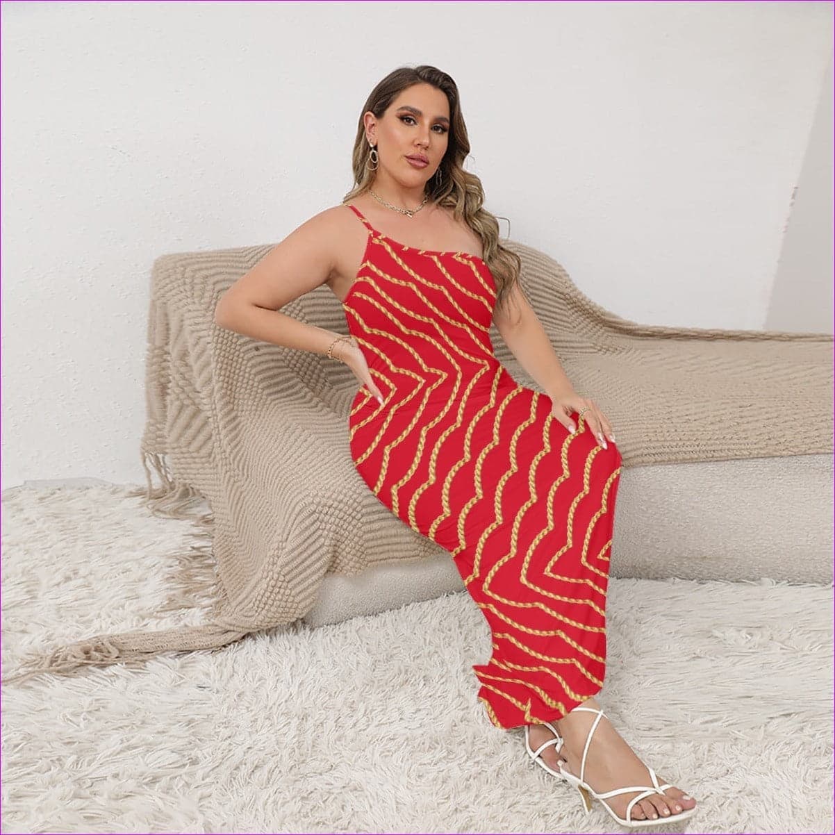 - Chained Womens Red Oblique-Shoulder Exposure Dress With Side Split Voluptuous (Plus Size) - womens dress at TFC&H Co.