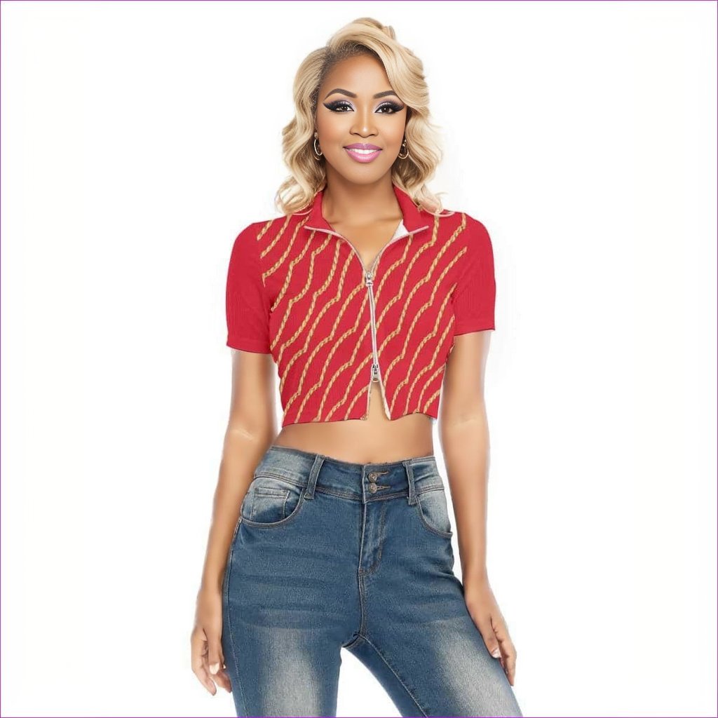 red Chained Womens Short Sleeve T-shirt With Zipper - women's top at TFC&H Co.