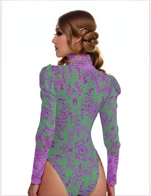 - Chameleon Snake Womens Turtleneck Bodysuit With Puff Sleeve - womens bodysuit at TFC&H Co.