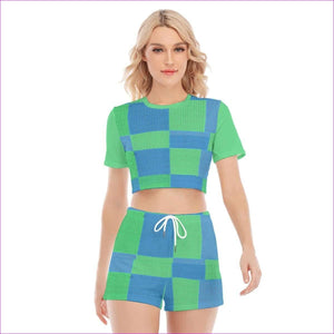 multi-colored - Checkered Pixel Womens O-neck T-shirt Short Set - womens top & short set at TFC&H Co.