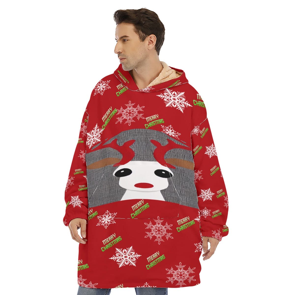 4XL Red - Christmas Reindeer Unisex Sherpa Fleece Hoodie Christmas Blanket - unisex hoodie blanket at TFC&H Co.