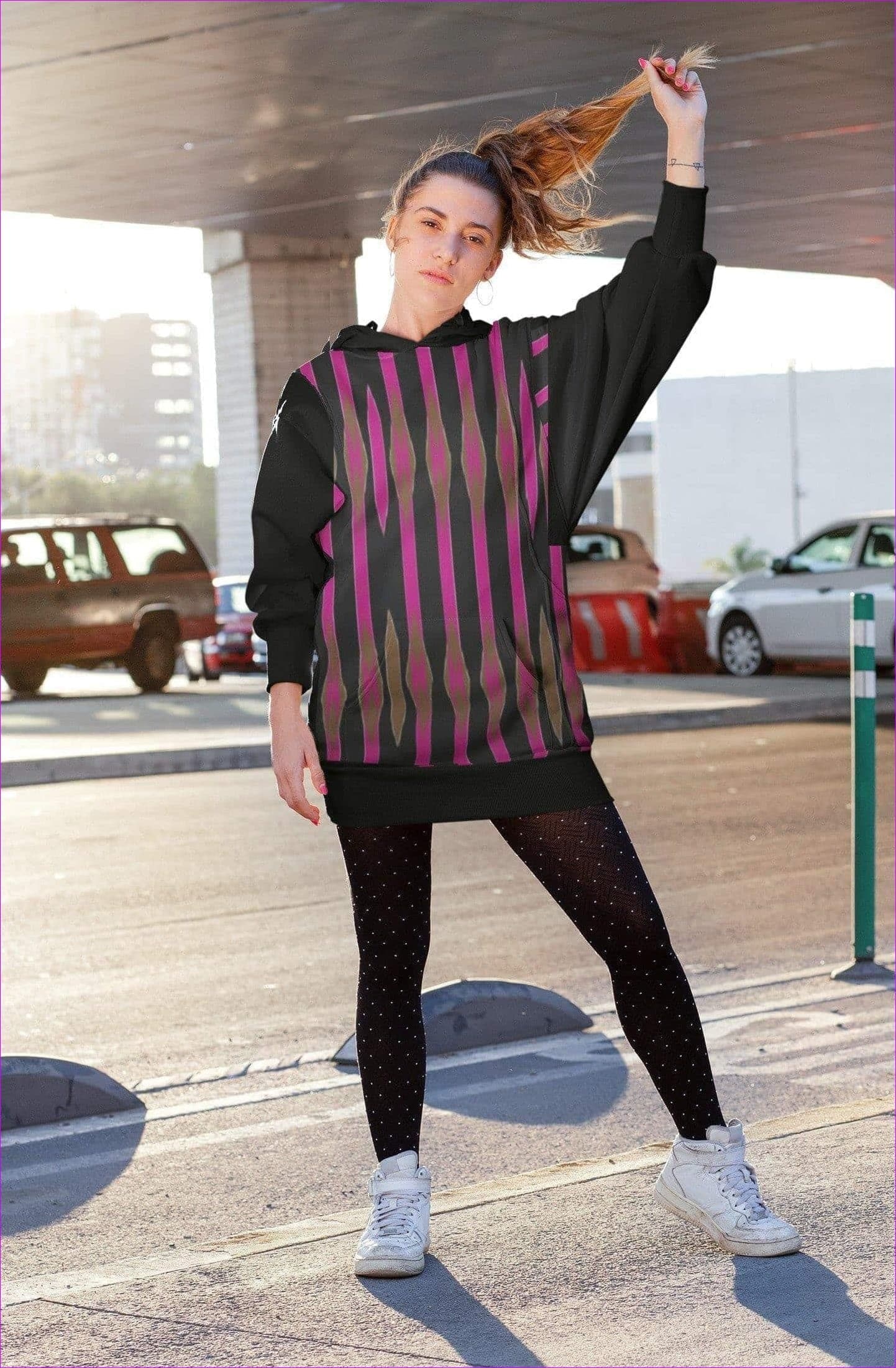 2XL black/pink Coined Long Fleece Hoodie Dress - women's hoodie dress at TFC&H Co.