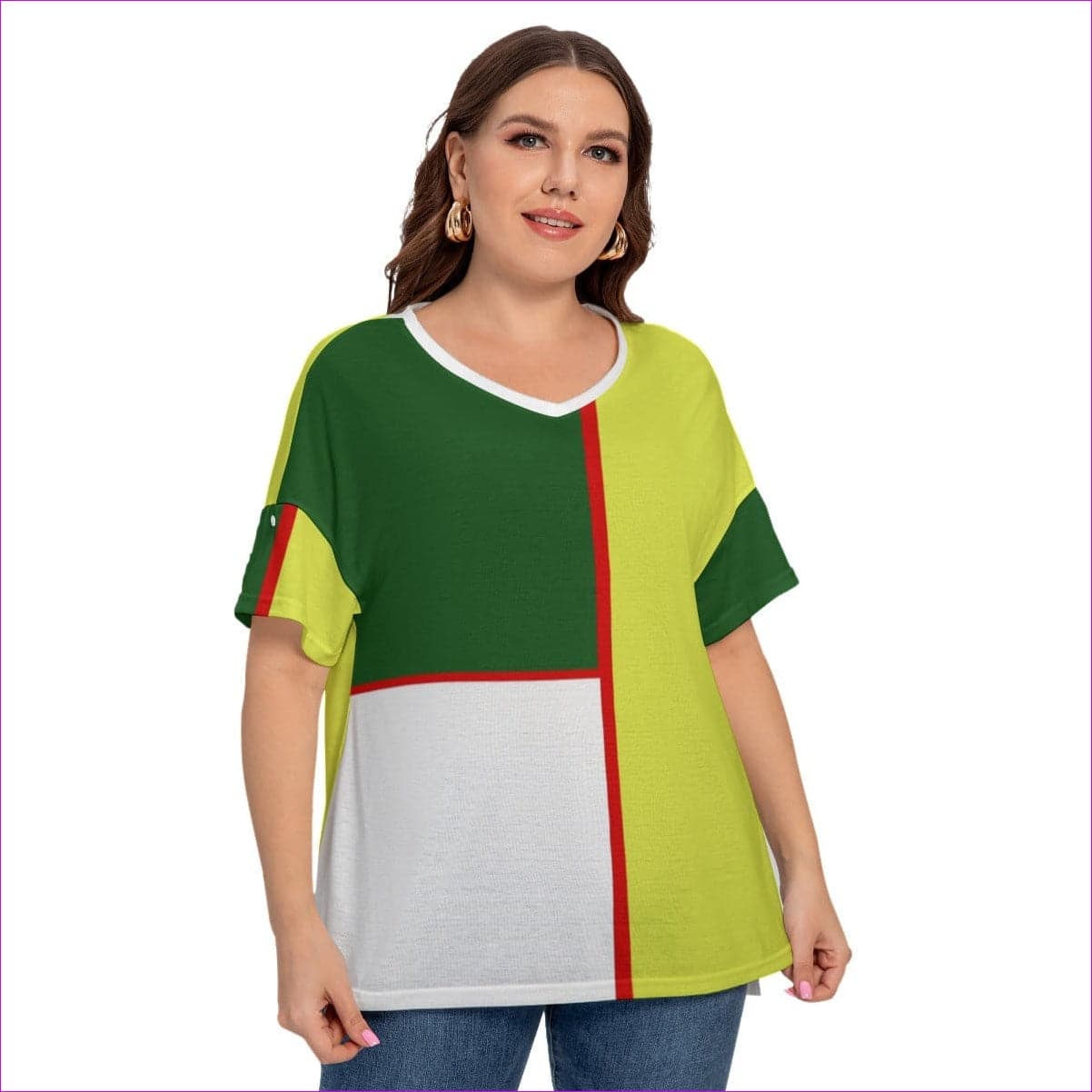 Multi-colored Color Block Astute Womens Drop-shoulder T-shirt With Sleeve Loops Voluptuous (+) Plus Size - women's t-shirt at TFC&H Co.