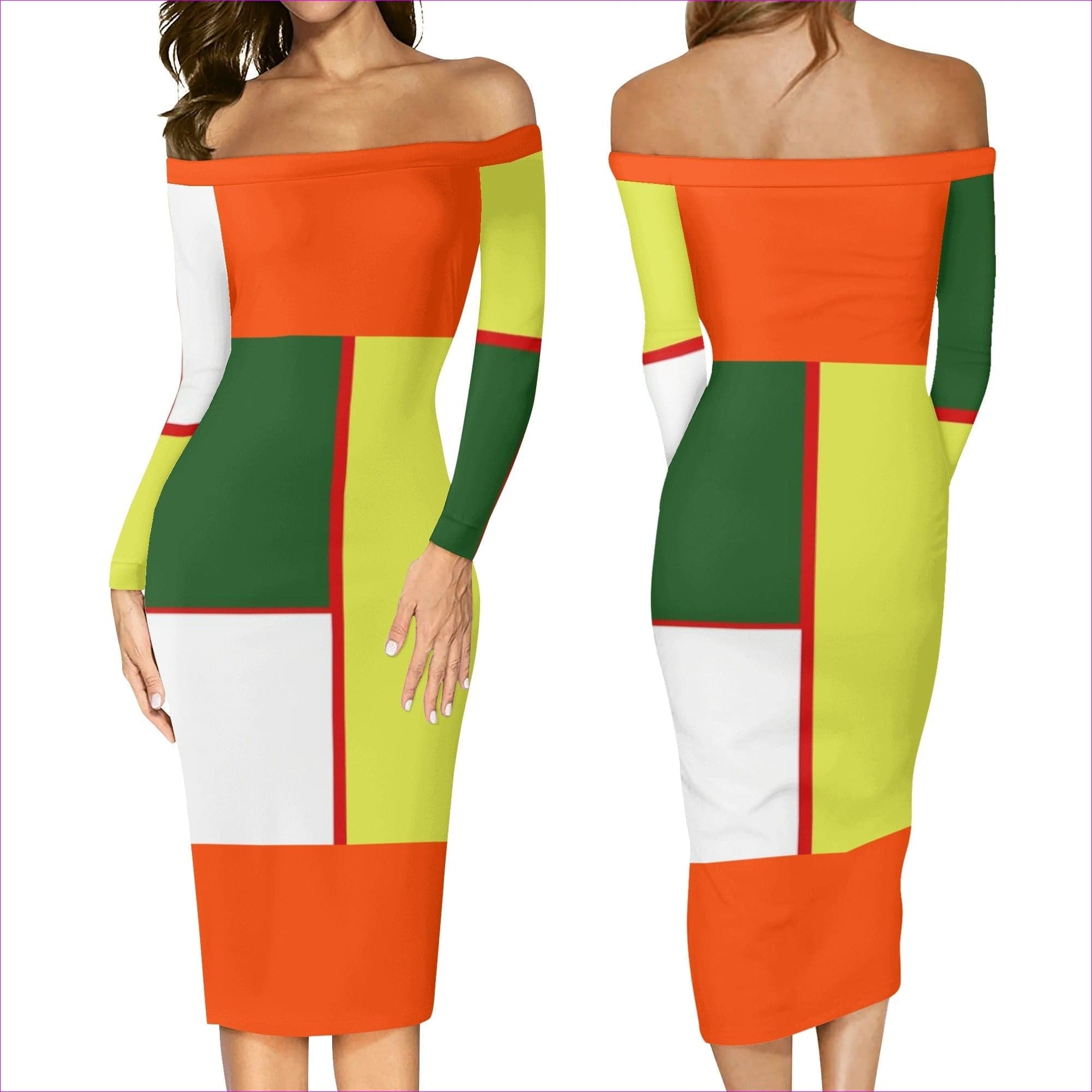 Multi-colored S Color Block Astute Womens Long Sleeve Off The Shoulder Dress - women's dress at TFC&H Co.