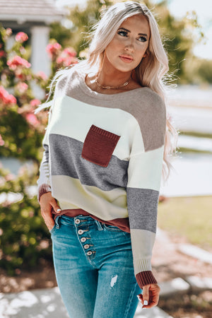 - Color Block Drop Shoulder Round Neck Sweater - womens sweater at TFC&H Co.