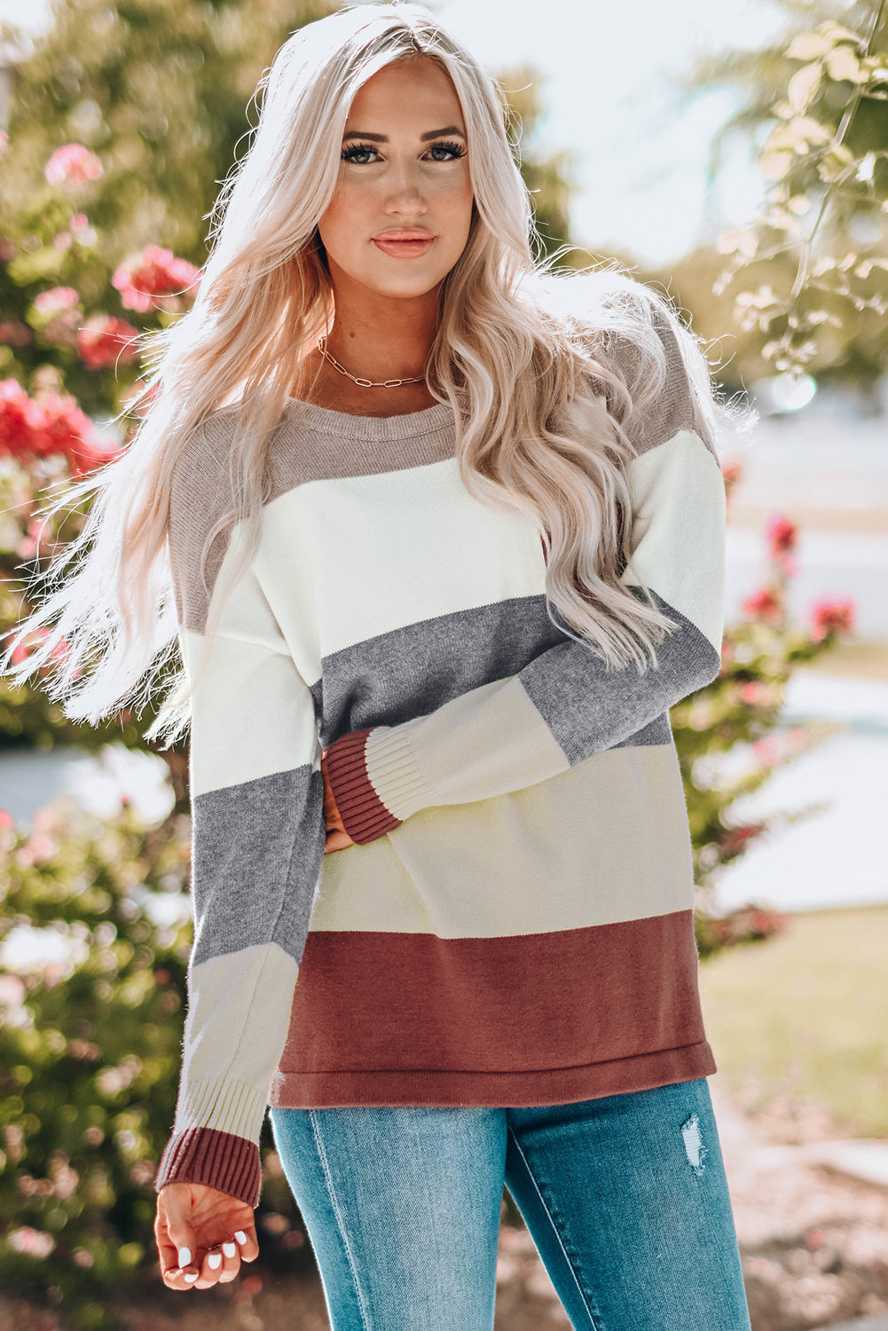 - Color Block Drop Shoulder Round Neck Sweater - womens sweater at TFC&H Co.