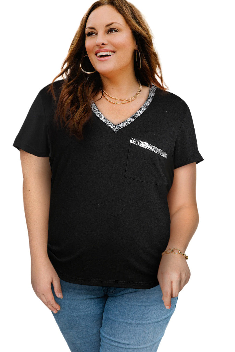 BLACK Contrast Sequin V-Neck Tee Shirt Voluptuous (+) Plus Size - women's shirt at TFC&H Co.