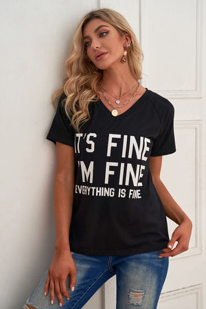 BLACK - Slogan Graphic V-Neck Short Raglan Sleeve Tee - womens t-shirt at TFC&H Co.