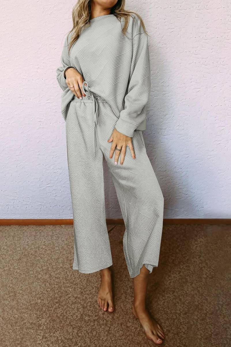 Gray - Relaxed Fit Embossed Print Knit Outfit Set - 2 colors - Womens Pants Sets at TFC&H Co.
