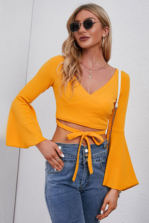PUMPKIN - Tie Front Flare Sleeve Cropped Top - Ships from The US - womens crop top at TFC&H Co.