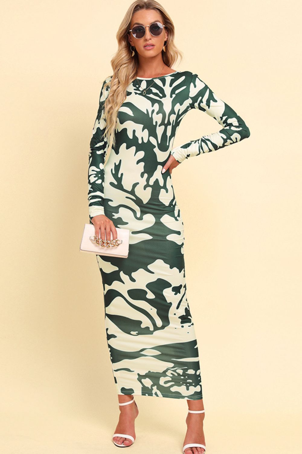 GREEN CAMOUFLAGE Printed Backless Long Sleeve Maxi Dress - women's dress at TFC&H Co.
