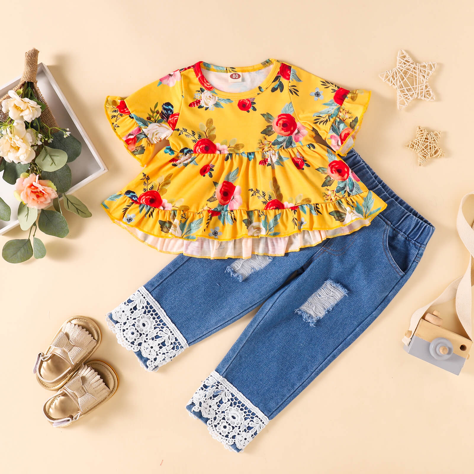 MUSTARD Girls Floral Round Neck Top and Lace Trim Distressed Jeans Set - 3 colors - toddler's pants set at TFC&H Co.