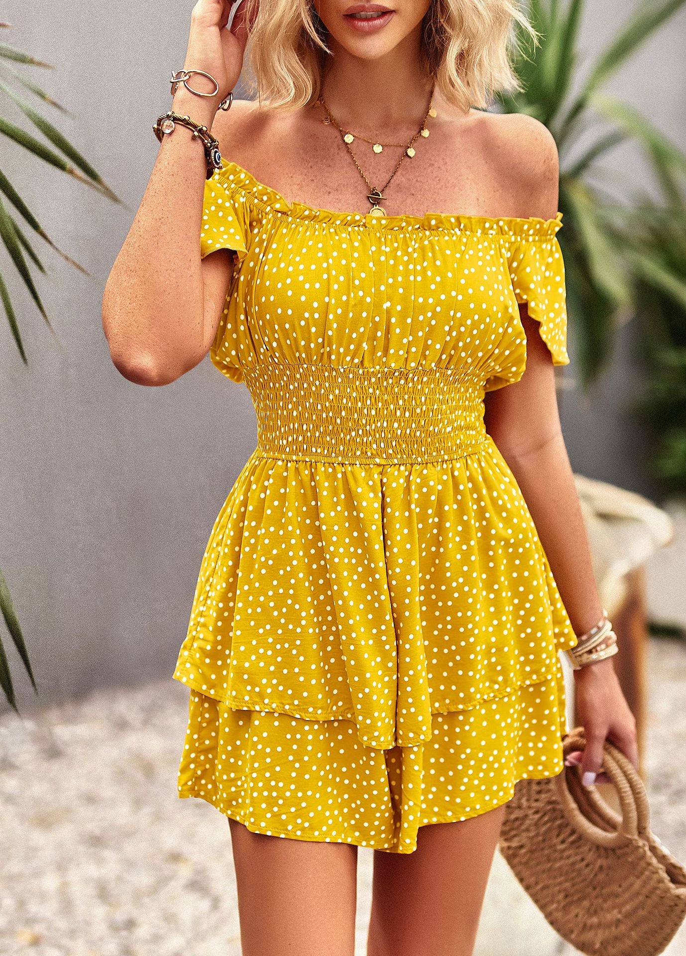 BANANA YELLOW - Printed Frill Trim Square Neck Romper - 4 colors - womens romper at TFC&H Co.
