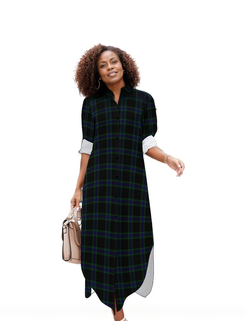 Black - Dark Triad Plaid Button Neck Long Sleeve Shirt Dress - 2 options - womens dress at TFC&H Co.