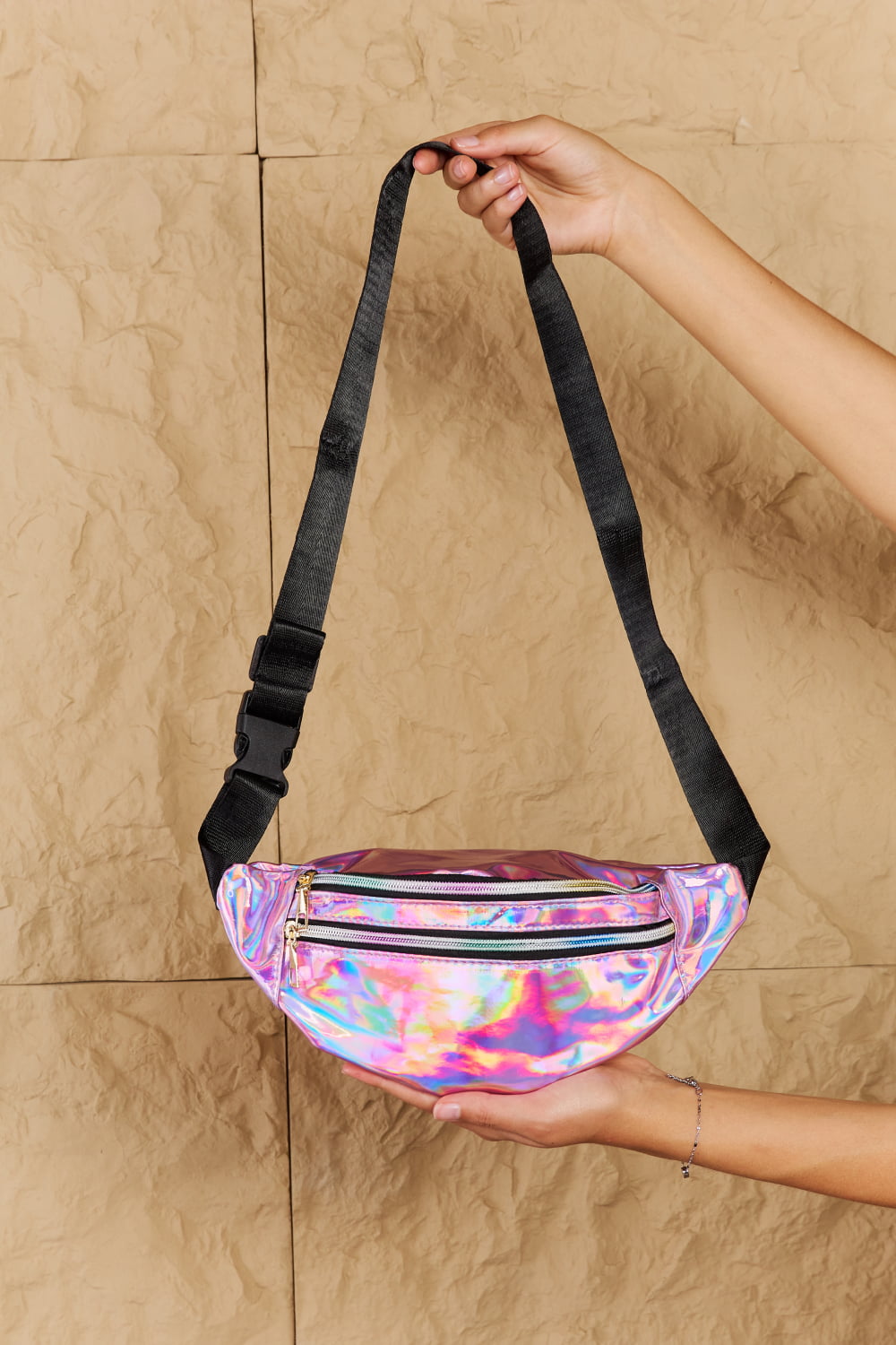 Fame Good Vibrations Holographic Double Zipper Fanny Pack in Hot Pink - sling bag at TFC&H Co.