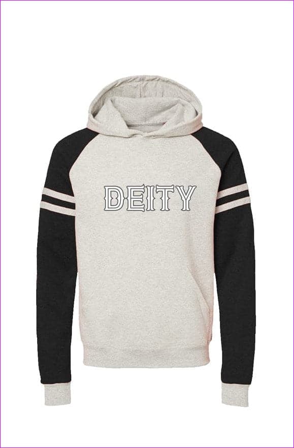 Oatmeal Heather/Black Ink Deity Varsity Black Colorblocked Raglan Hoodie - unisex hoodie at TFC&H Co.
