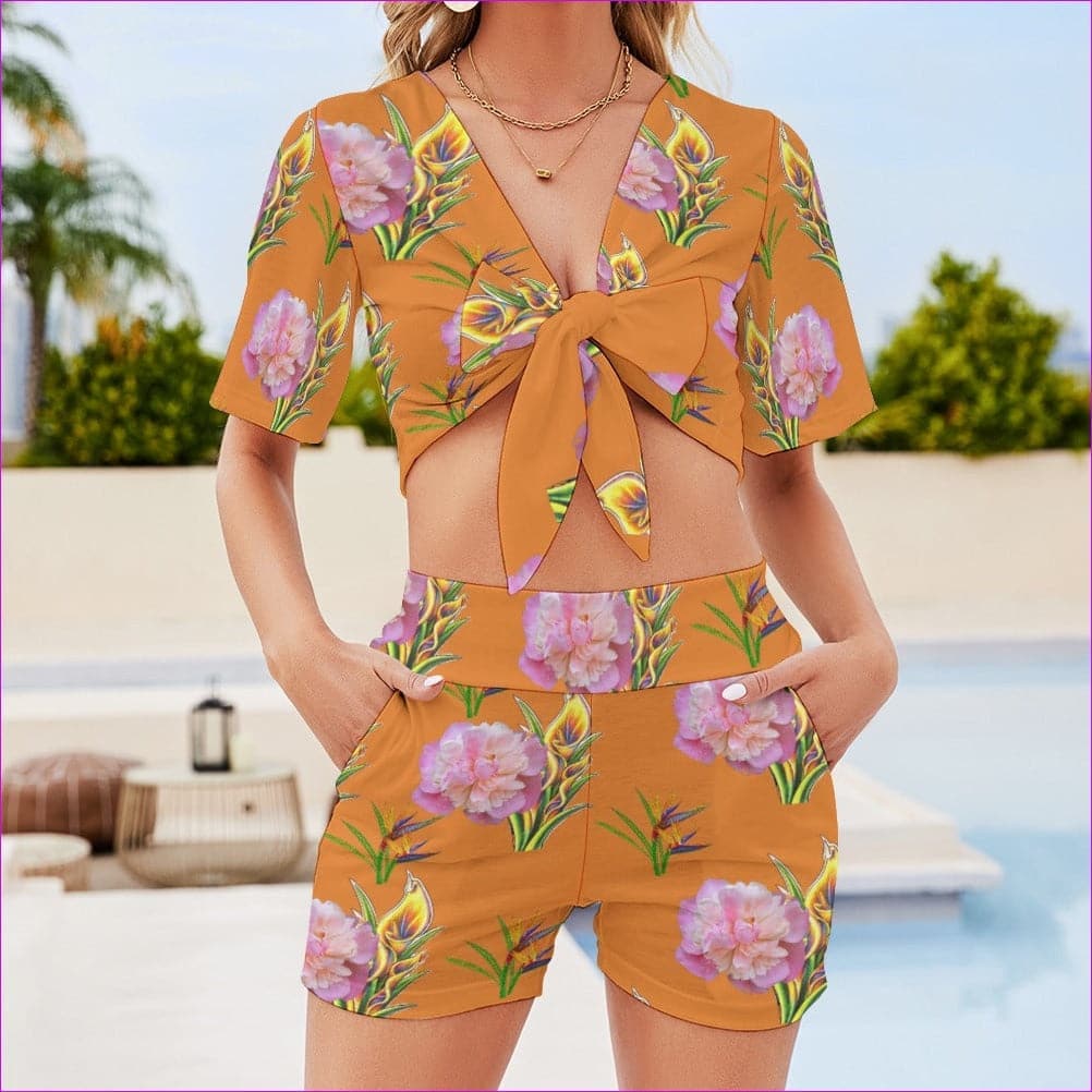 Delightful Beach Sports Two Piece Suit - 2 options Blue & Orange - women's crop top & shorts set at TFC&H Co.
