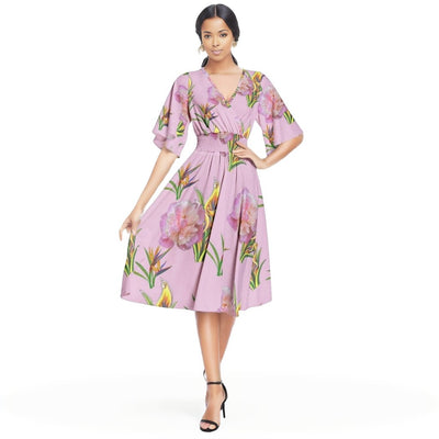 - Delightful Pink Butterfly Sleeve Shirred High Waist A Line Midi Dress - womens dress at TFC&H Co.