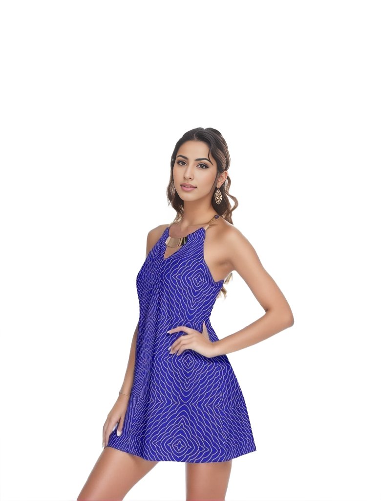 - Diamond Chained Womens Gold Neck Ring Mini Halter Dress -Blue - womens dress at TFC&H Co.
