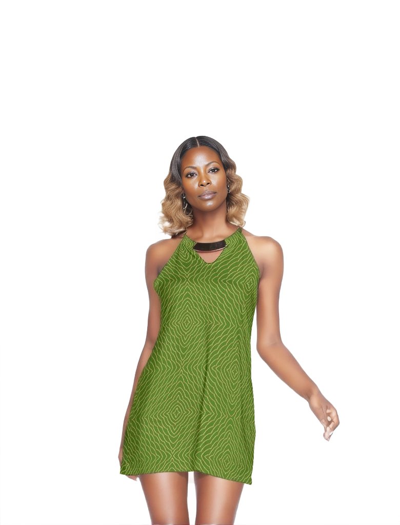 - Diamond Chained Womens Gold Neck Ring Mini Halter Dress -Green - womens dress at TFC&H Co.