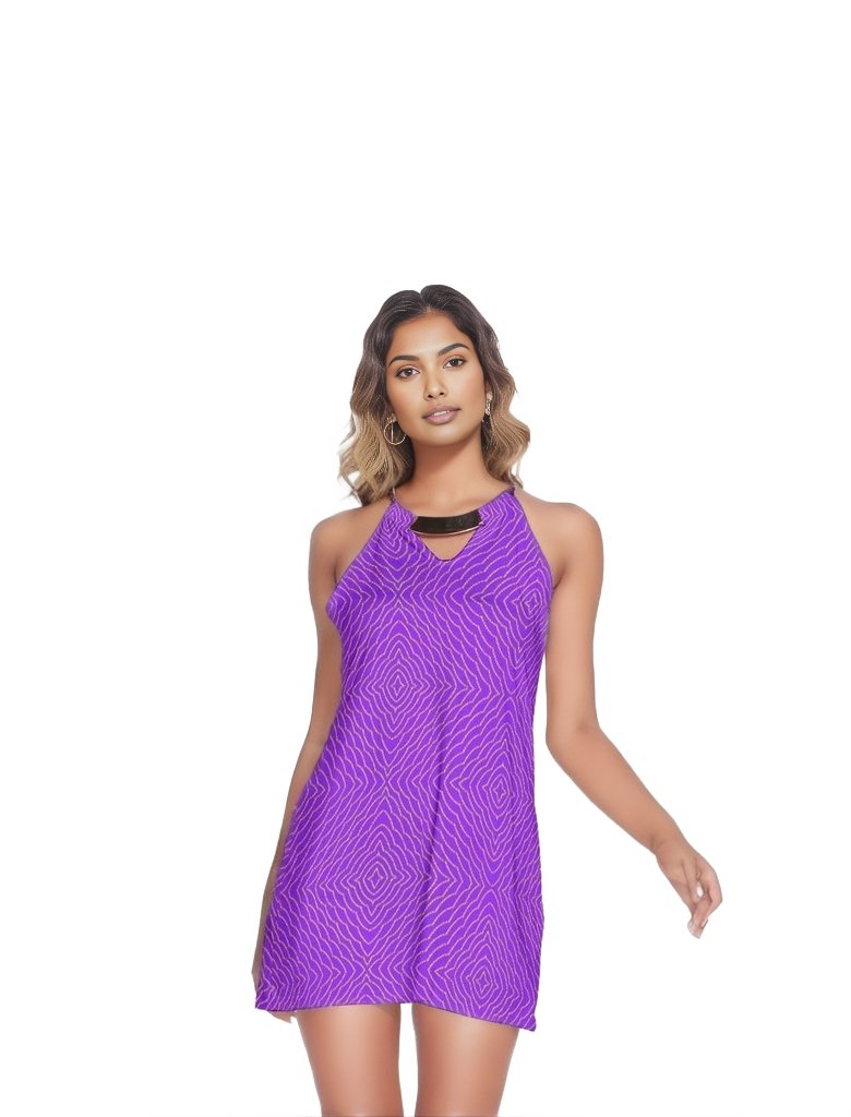 - Diamond Chained Womens Gold Neck Ring Mini Halter Dress -Purp - womens dress at TFC&H Co.