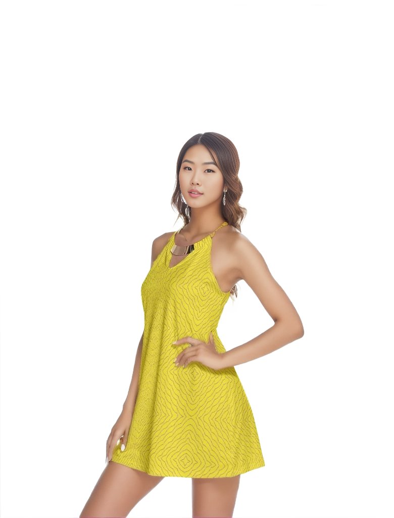 - Diamond Chained Womens Gold Neck Ring Mini Halter Dress -Yellow - womens dress at TFC&H Co.