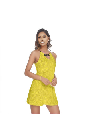 Diamond Chained Womens Gold Neck Ring Mini Halter Dress -Yellow - women's dress at TFC&H Co.