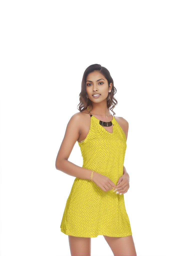 Diamond Chained Womens Gold Neck Ring Mini Halter Dress -Yellow - women's dress at TFC&H Co.