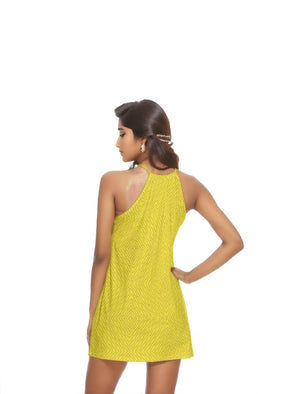 yellow Diamond Chained Womens Gold Neck Ring Mini Halter Dress -Yellow - women's dress at TFC&H Co.