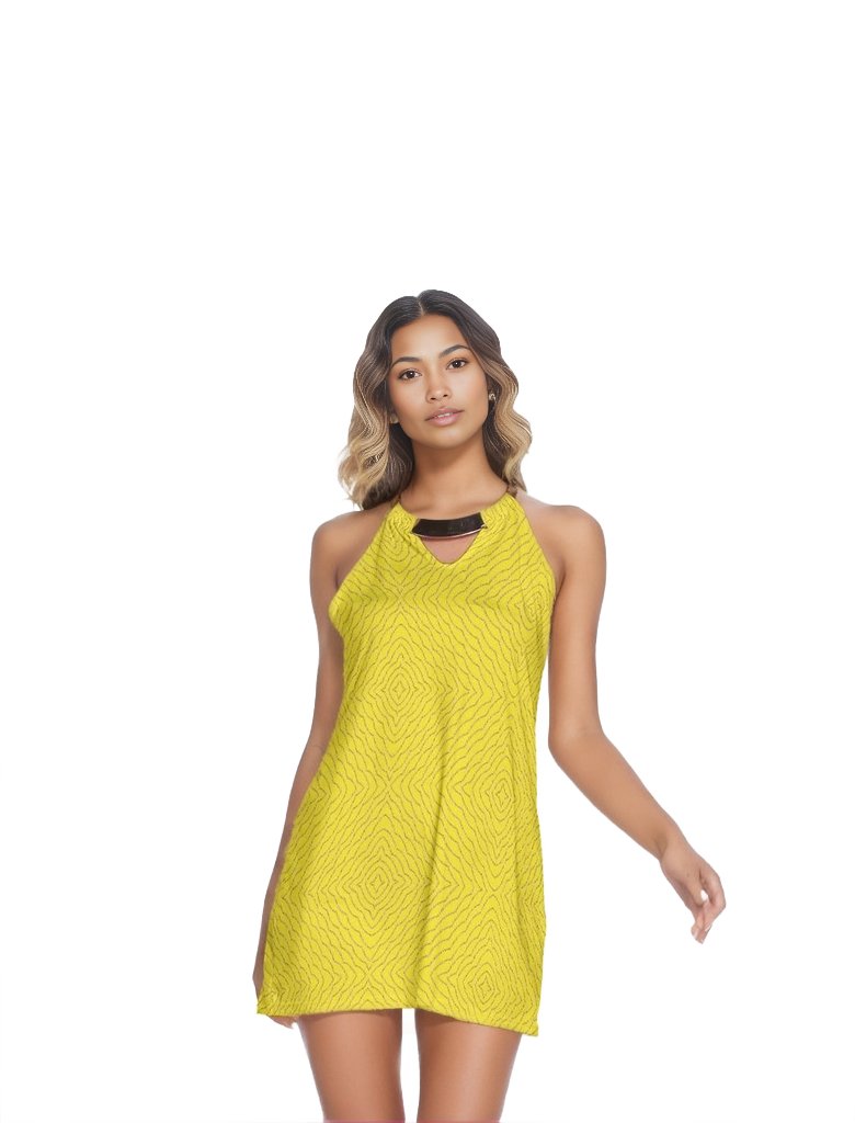 - Diamond Chained Womens Gold Neck Ring Mini Halter Dress -Yellow - womens dress at TFC&H Co.