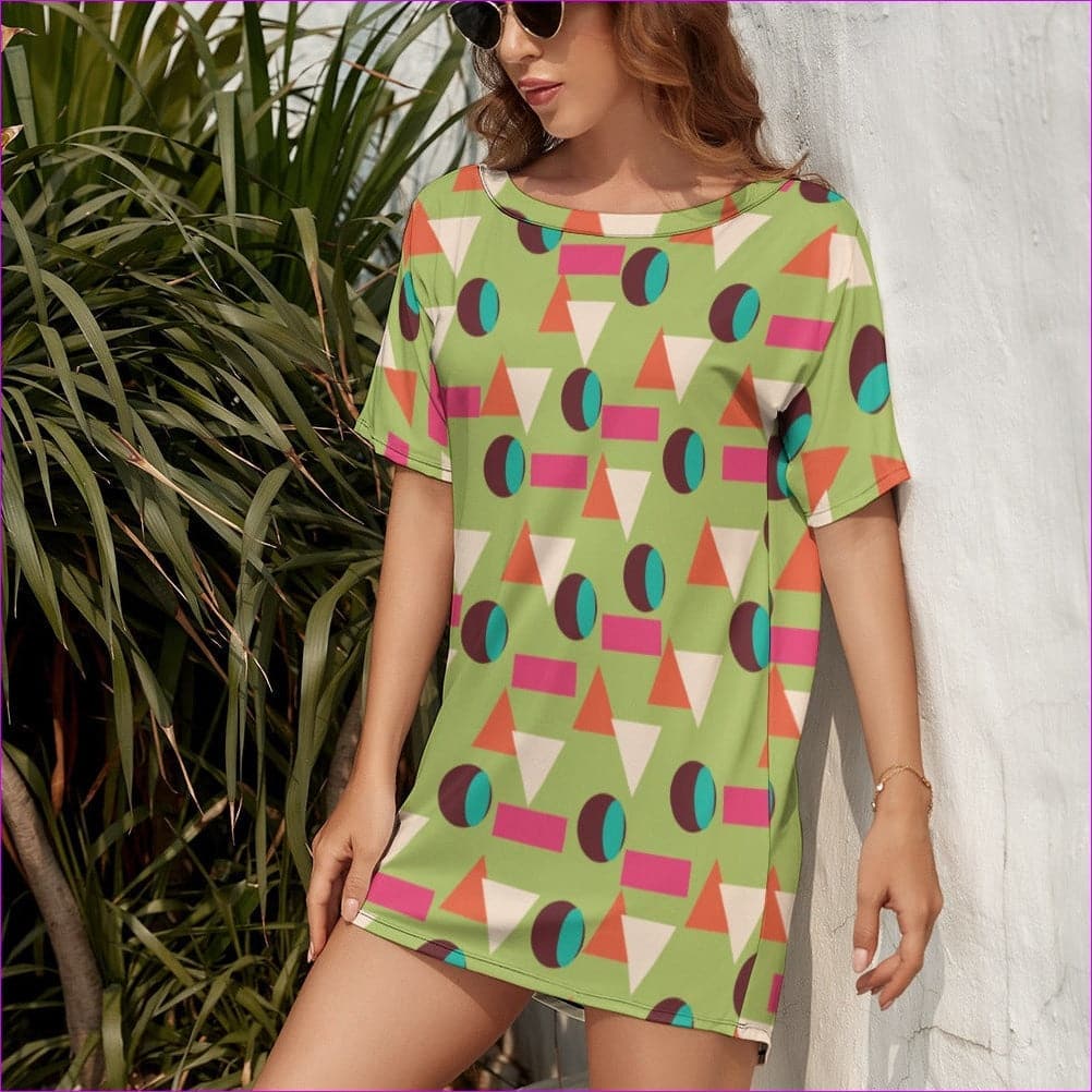 Kiwi Disco Round Neck Doll Sleeve Loose T-Shirt/Dress - 2 options - women's t-shirt dress at TFC&H Co.