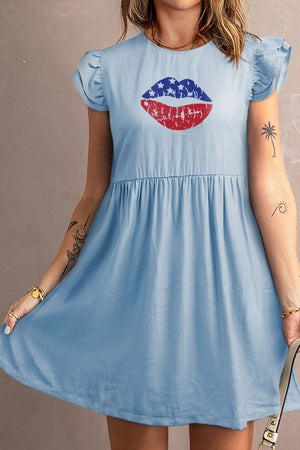 - Lip Print Ruffle Sleeveless Short Dress - womens dress at TFC&H Co.