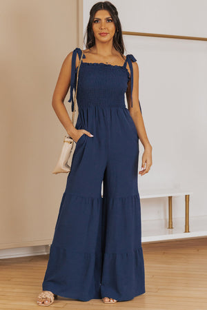 Tie Straps Shirred Casual Tiered Wide Leg Jumpsuit - Jumpsuits & Rompers at TFC&H Co.