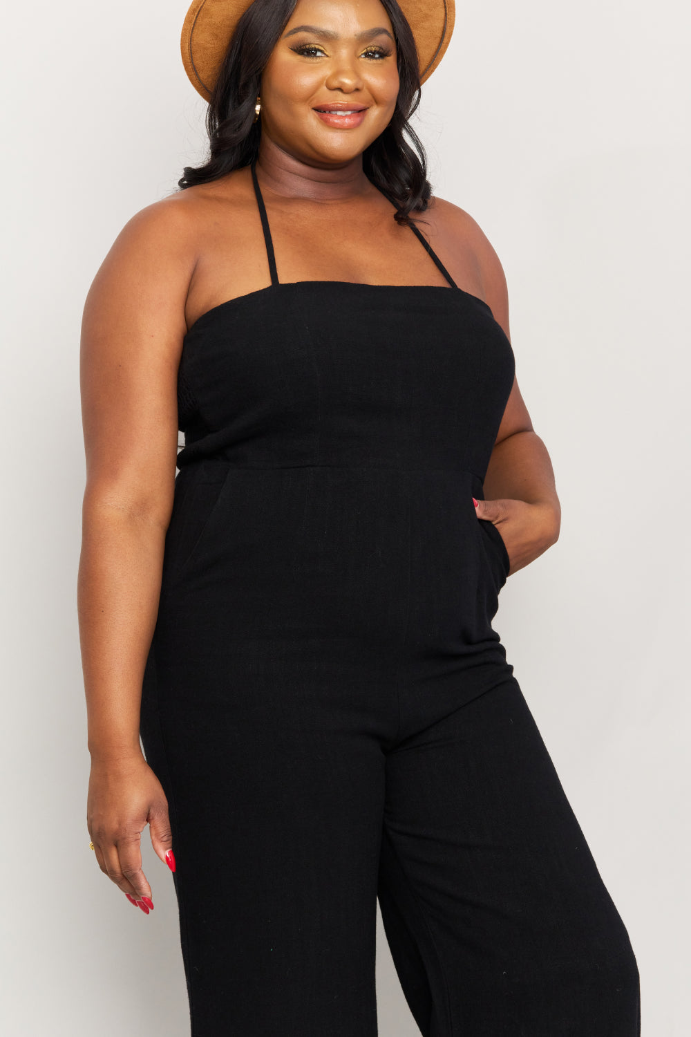 - White Birch Full Size Halter Neck Wide Leg Jumpsuit with Pockets - Ships from The USA - womens jumpsuit at TFC&H Co.