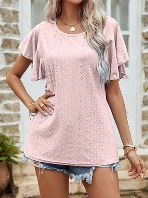 BLUSH PINK Round Neck Flutter Sleeve Blouse - women's blouse at TFC&H Co.