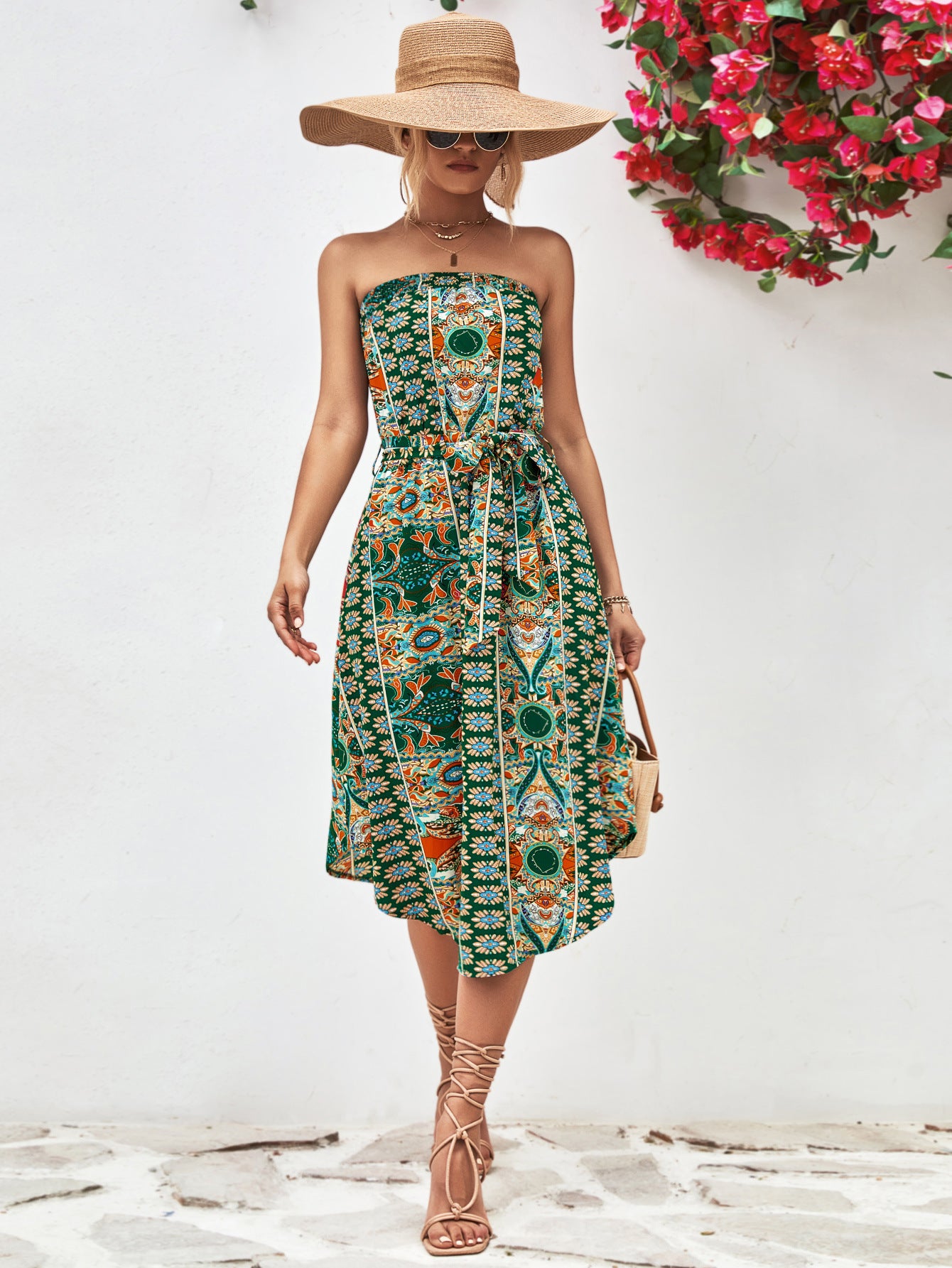 MID GREEN Printed Strapless Tie Belt Dress - 3 colors - women's dress at TFC&H Co.