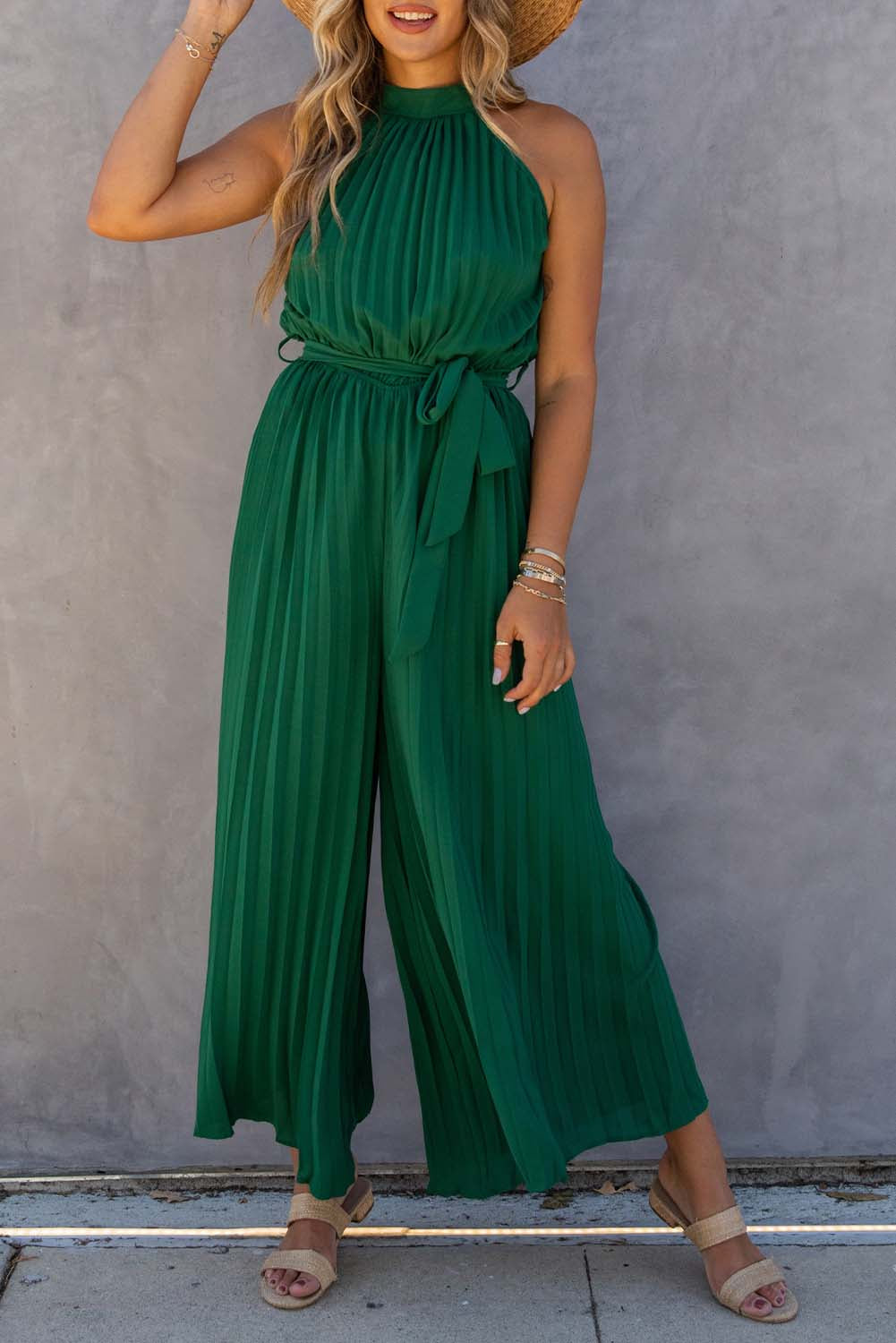 GREEN 100%POLYESTER - Elegant Halter Neck Belted Pleated Wide Leg Jumpsuit - Jumpsuits & Rompers at TFC&H Co.