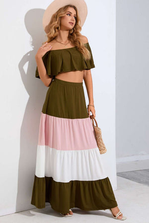 - Off-Shoulder Crop Top and Color Block Tiered Skirt Set - womens top & skirt set at TFC&H Co.