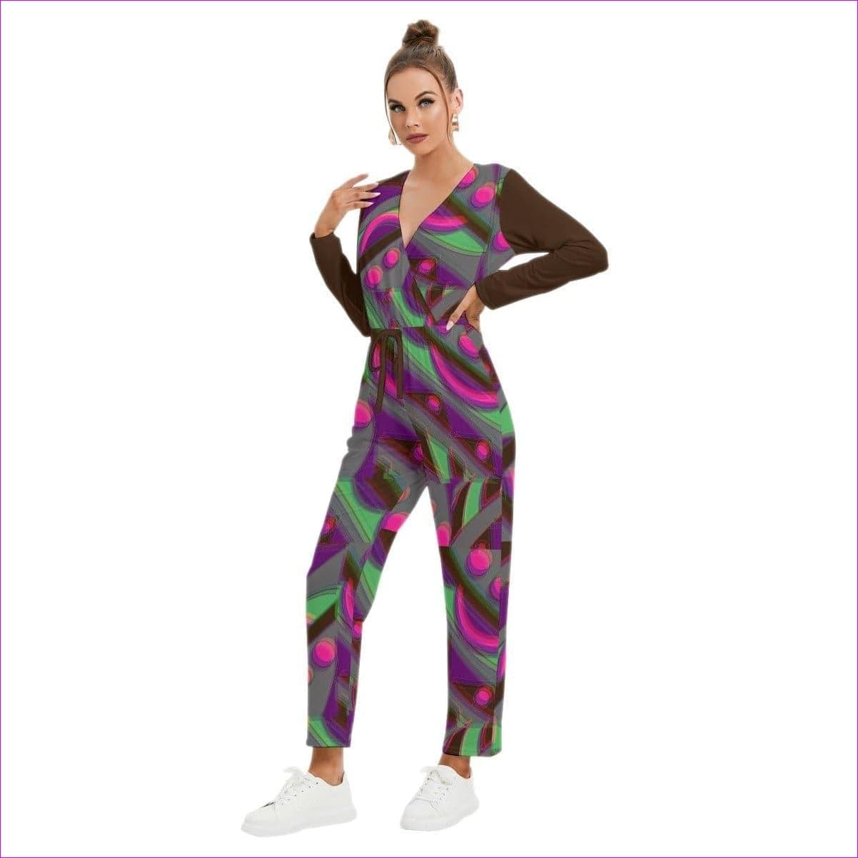 Multi-colored - Eccentric 2 Womens V-neck High Waist Jumpsuit - Brown - womens jumpsuit at TFC&H Co.