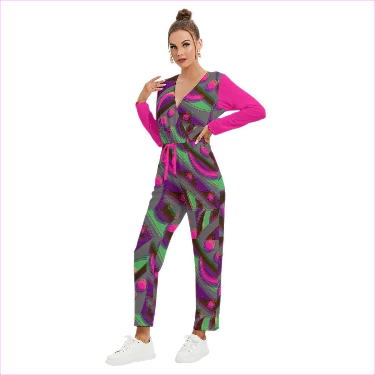 Multi-colored - Eccentric 2 Womens V-neck High Waist Jumpsuit-Pink - womens jumpsuit at TFC&H Co.