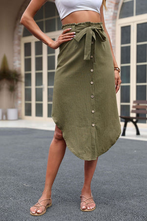GREEN Tie Belt Frill Trim Buttoned Skirt - 2 colors - women's skirt at TFC&H Co.