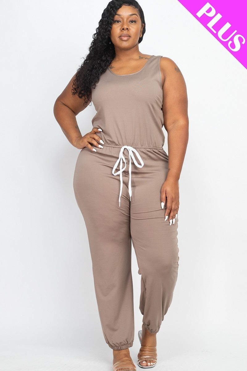TAUPE Elasticized Waist Jogger Jumpsuit Voluptuous (+) Plus Size - Ships from The US - women's romper at TFC&H Co.