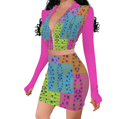 Elegant Elephant Women's Two Piece Outfits Long Sleeve Zip Up Top and Short Skirt Set - women's top & skirt set at TFC&H Co.