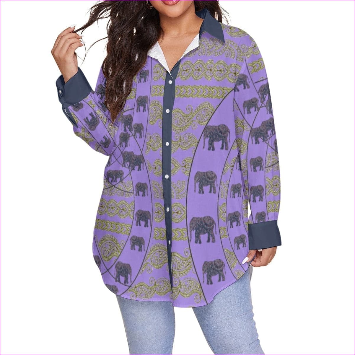 Elegant Elephant Womens Purple Button-Up With Long Sleeve Voluptuous (+) Plus Size - women's button-up shirt at TFC&H Co.