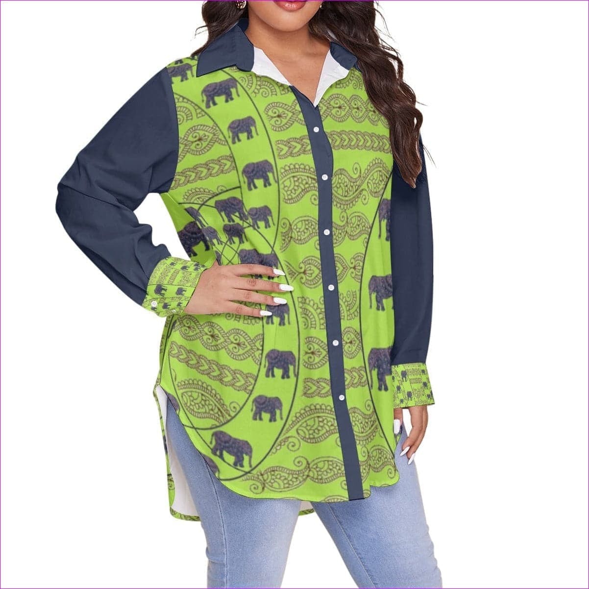 Green Elegant Elephant Womens Shirt With Long Sleeve Voluptuous (+) Plus Size - women's button-up shirt at TFC&H Co.