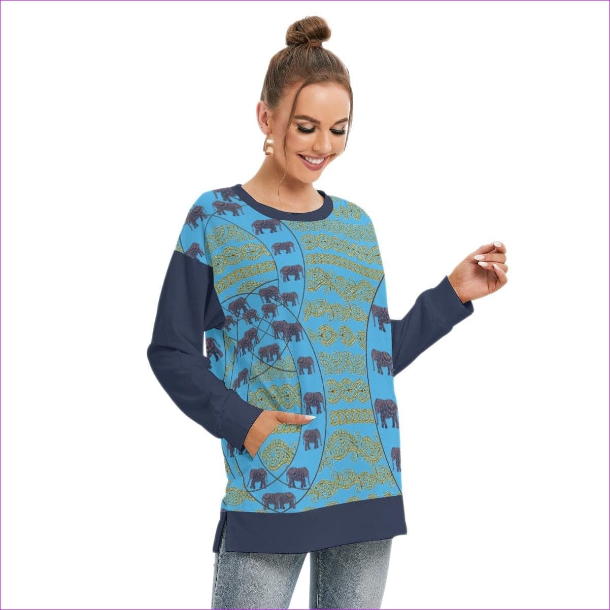 Elegant Elephant Womens Side Split O-neck Blue Sweatshirt - women's sweatshirt at TFC&H Co.