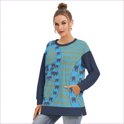 Elegant Elephant Womens Side Split O-neck Blue Sweatshirt - women's sweatshirt at TFC&H Co.